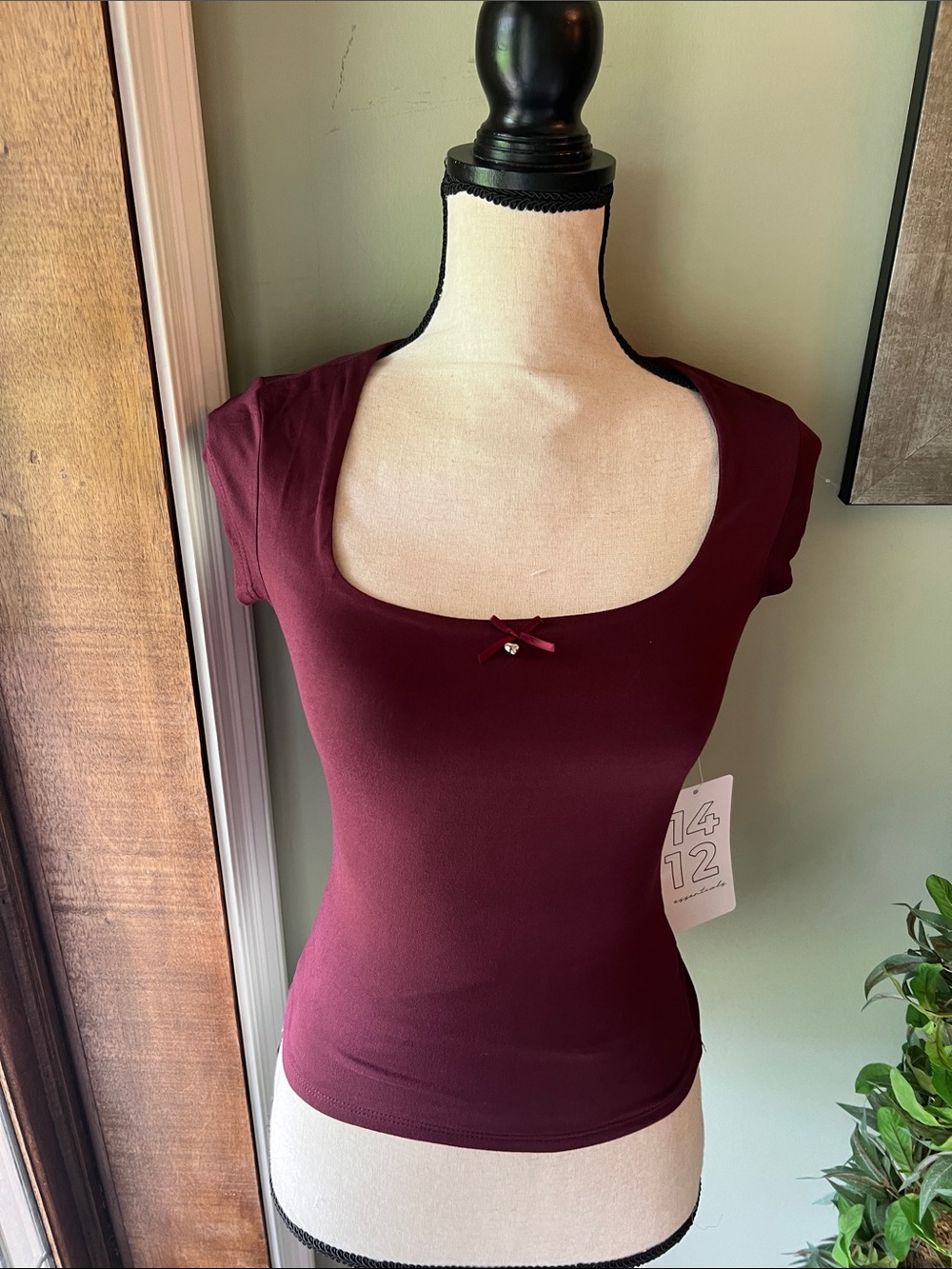 Essentials Women's Square Neck Short Sleeve Top - Wine